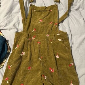 Corduroy Overalls with Mushroom Embroidery